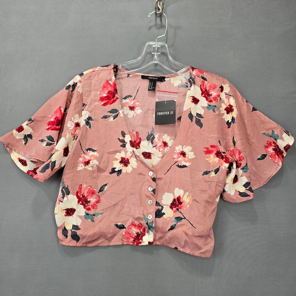 Forever21 Pink Crop Top Preppy Floral Button Up Short Flutter Sleeve NEW Women M